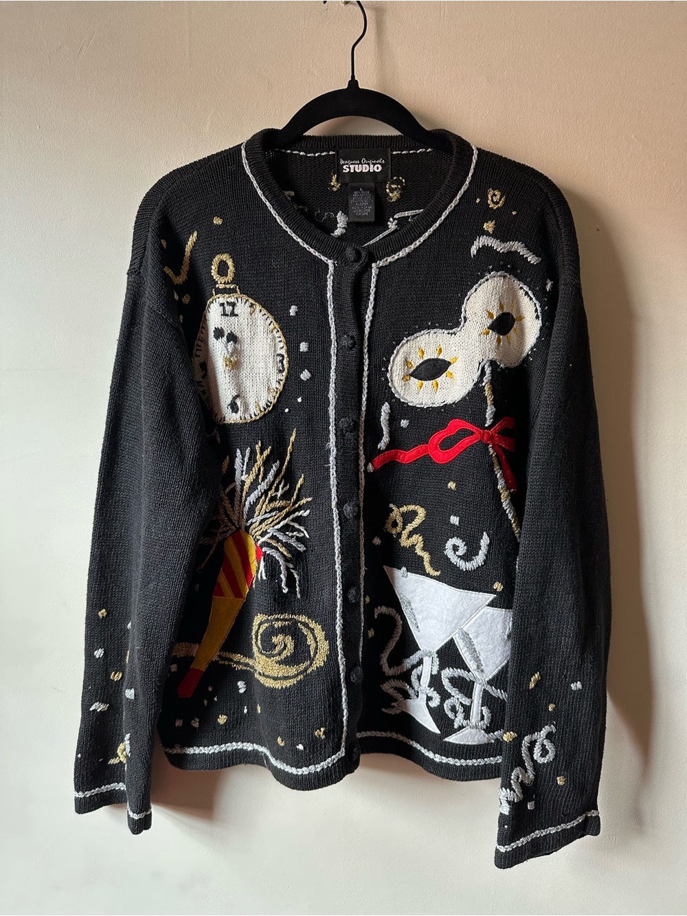 Vintage 90s Ramie Cotton New Years Sweater Embroidered